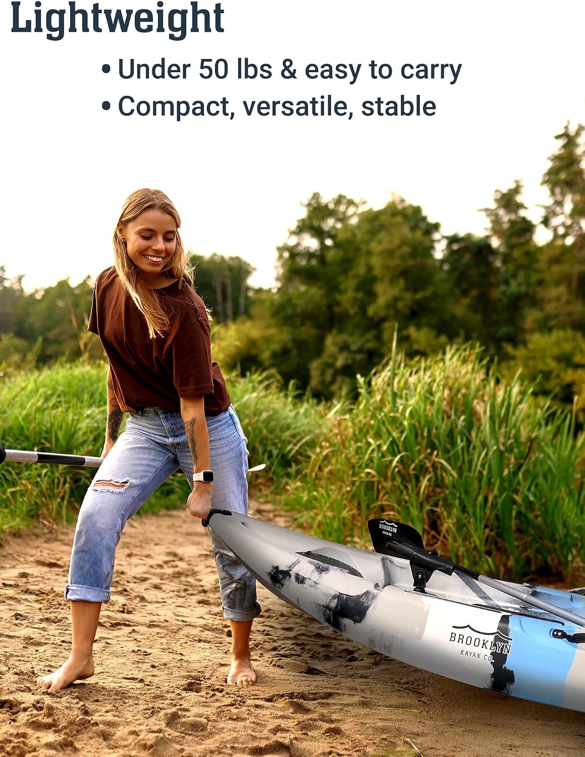 image:imageBKC Brooklyn 92 SitonTop Single Fishing Kayak Memory Foam Seat Lightweight solo hull memory foam seat dry hatches rod holders accessory rails for lakes and riversBlue Camo